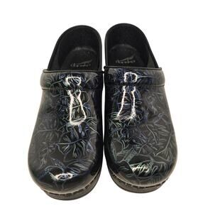 Dansko Professional Shoes Womens Size 37 Black Floral Patent Leather Work Clogs